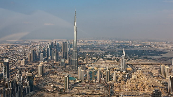 Burj Khalifa, Dubai, stadsbild, stad, Dubai, Burj Khalifa, Förenade Arabemiraten, arkitektur, byggnad, skyskrapa, sjö, himmel, HD tapet