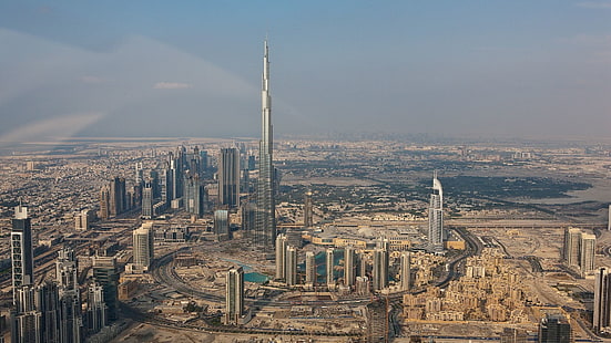 Burj Khalifa, Dubai, lanskap kota, kota, Dubai, Burj Khalifa, Uni Emirat Arab, arsitektur, bangunan, gedung pencakar langit, danau, langit, Wallpaper HD HD wallpaper