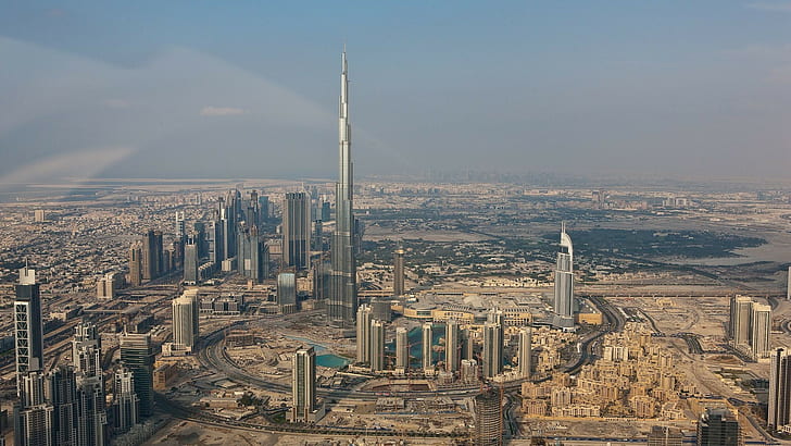 ОАЭ, озеро, городской пейзаж, Бурдж-Халифа, город, архитектура, небо, Дубай, небоскреб, здание, HD обои