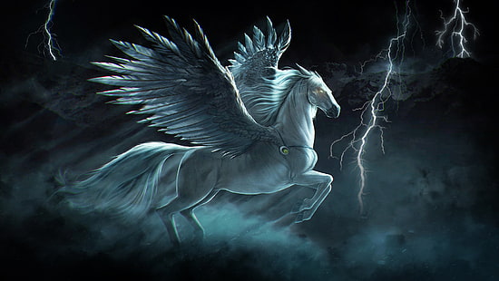 Häst, vingar, blixtlås, konst, fiktion, Pegasus, vit häst, myt, Tulpar, Atilgan Asikuzun, av Atilgan Asikuzun, bevingad häst, Burak, mytologisk varelse, Tolpar, blixtar, den bevingade hästen, HD tapet HD wallpaper