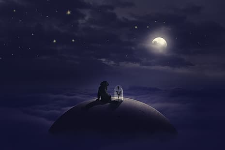 fiore, stelle, nuvole, cane, La luna, luna, piccolo principe, Il piccolo principe, Sasan Parsadmehr, Sfondo HD HD wallpaper