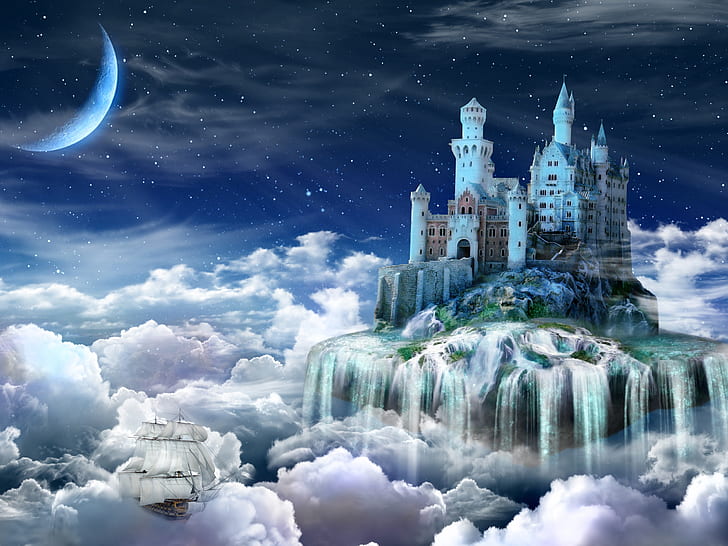 Nuit, château, conte de fées, nuages, design créatif, nuit, château, fée, conte, nuages, créatif, design, Fond d'écran HD