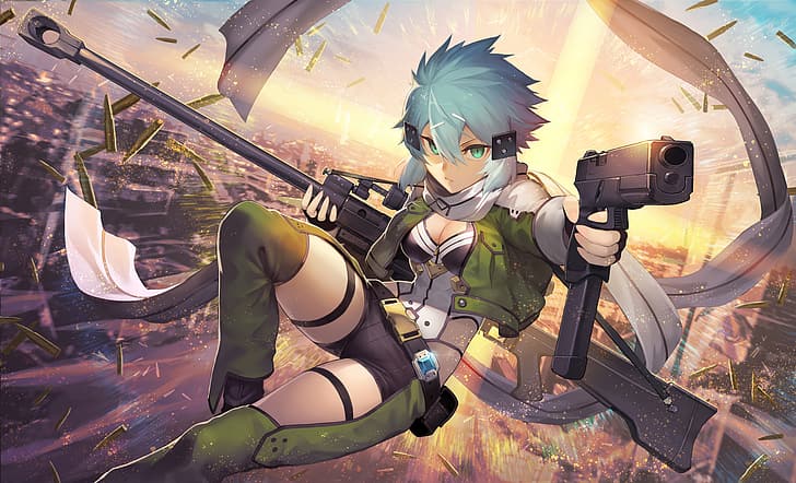 Schwertkunst Online, Shinon (Schwertkunst Online), Anime-Mädchen, Mädchen mit Waffe, blaue Augen, blaue Haare, kurze Haare, HD-Hintergrundbild