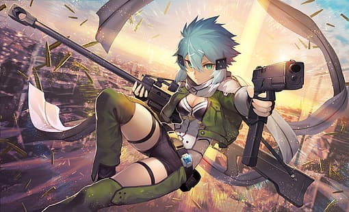 Sword Art Online, Shinon (Sword Art Online), anime girls, Girl With Weapon, occhi azzurri, capelli blu, capelli corti, Sfondo HD HD wallpaper