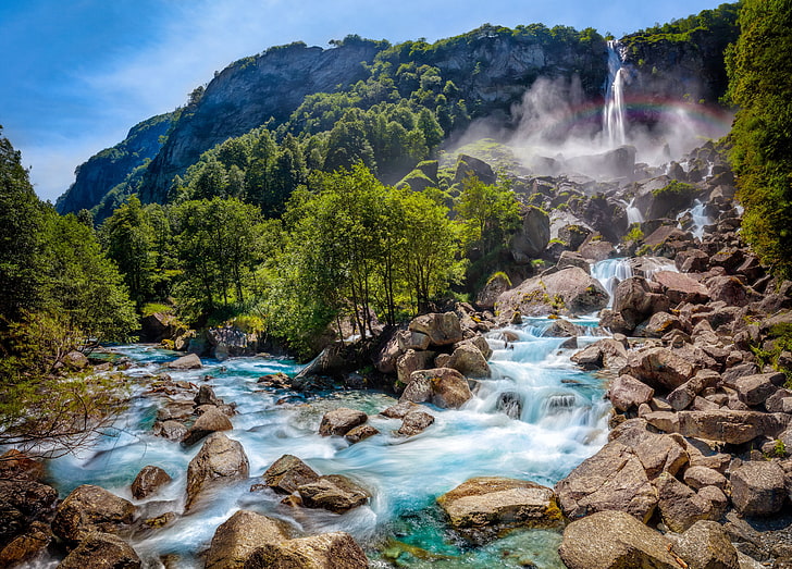 waterfalls with mountain ranges nearby, landscape, water, waterfall, HD wallpaper