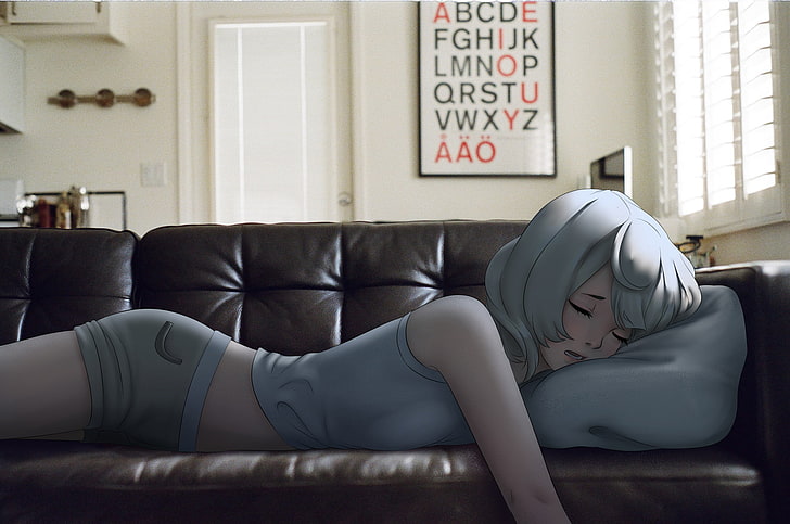 여성 애니메이션 캐릭터 디지털 벽지, 애니메이션 소녀들, 자고있는 방, Mawa Setiawan, HD 배경 화면