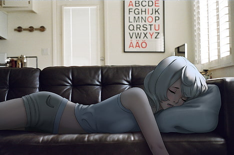 personaggio femminile anime carta da parati digitale, anime girls, dormire, camera, Mawa Setiawan, Sfondo HD HD wallpaper