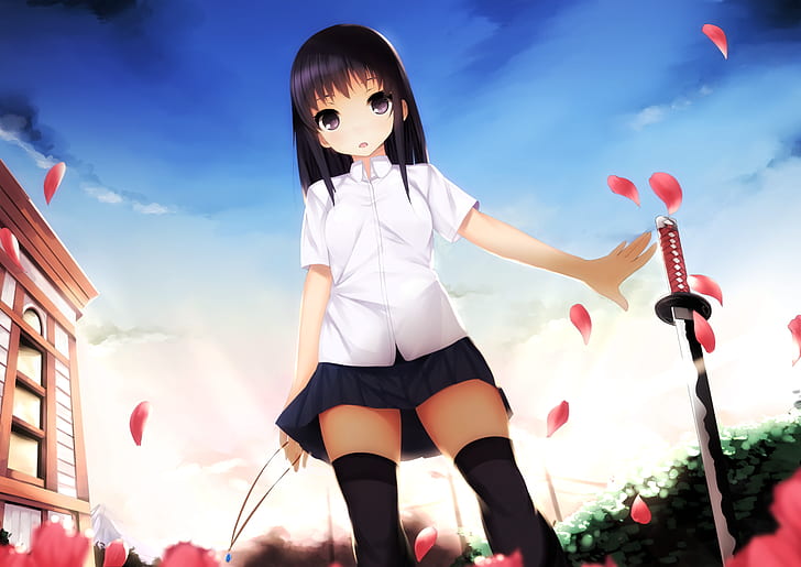 anime, skirt, sword, katana, original characters, school uniform, anime girls, HD wallpaper