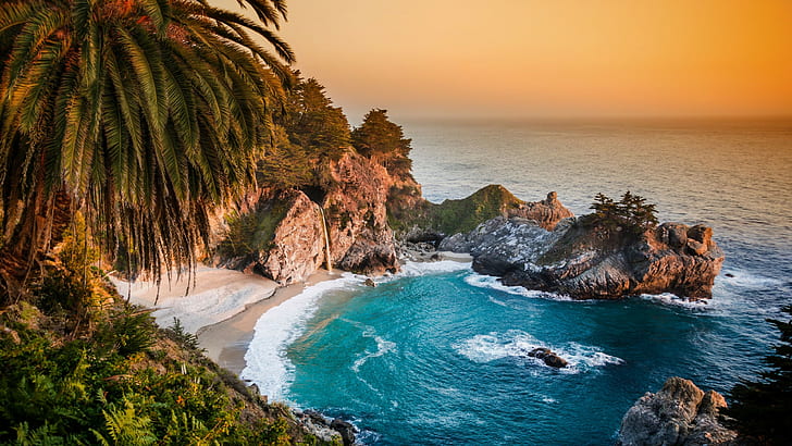 Pacific Ocean, 5k, 4k, big sur, california, beach, mcway falls, sunset, HD wallpaper