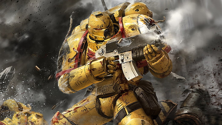Ilustración de robot amarillo, Warhammer 40,000, marines espaciales, puños imperiales, batalla, Fondo de pantalla HD
