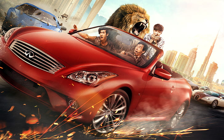 road, machine, red, the city, speed, the situation, Leo, sparks, driving, car, poster, Jackie Chan, Comedy, Kung fu yoga, Kung-Fu Yoga, HD wallpaper