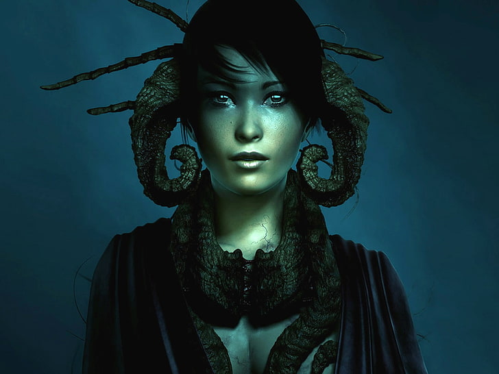 perempuan dengan kostum tanduk, seni fantasi, Wallpaper HD