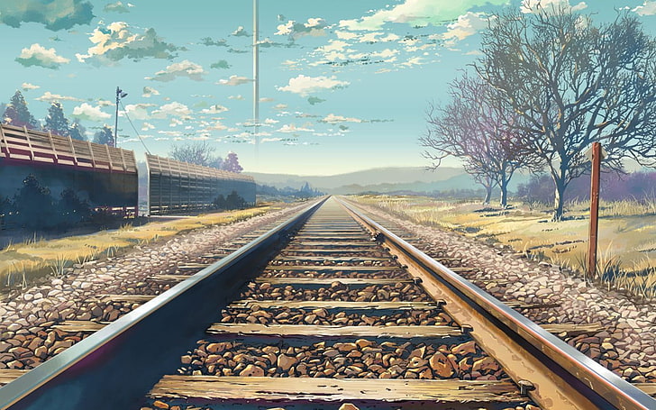 foto del ferrocarril vacío, Makoto Shinkai, 5 centímetros por segundo, ferrocarril, anime, Fondo de pantalla HD