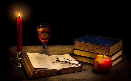 Спокойствие тъмно, свещ, книги, стъкло, ябълка, Спокойствие, тъмно, свещ, книги, стъкло, ябълка, HD тапет HD wallpaper