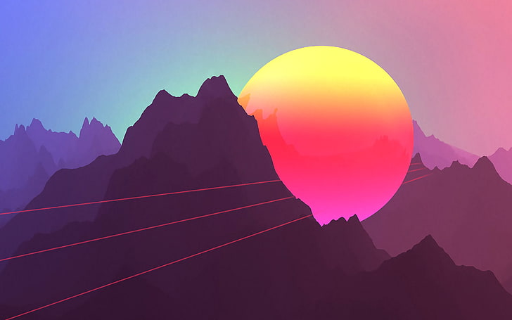  Neon Sunset Mountains 4K, puesta de sol, montañas, neón, Fondo de pantalla HD