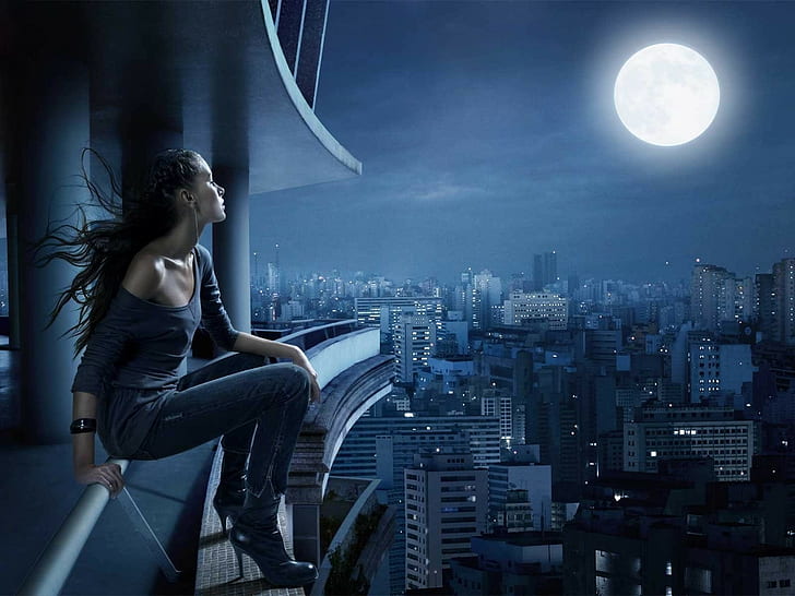 Flicka, måne, natt, balkong, stad, ensamhet, HD tapet