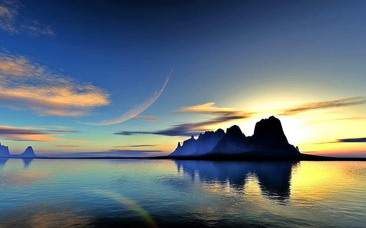 Spatial Sea Sunrise, obraz, słoneczny, paisaje, krajobrazy, góry, ładne, wyspy, peisaje, artystyczny, panoramiczny, powierzchnia, Tapety HD
