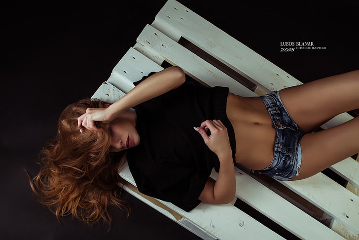 women, top view, tanned, T-shirt, belly, jean shorts, lying on back, Lubos Blanar, HD wallpaper