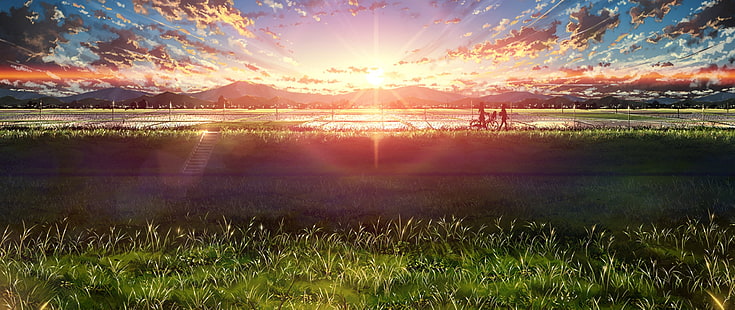 campo di erba verde, ultra-largo, Giappone, anime, cielo, luce solare, Sfondo HD HD wallpaper