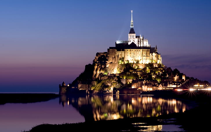 Mont Saint Michel, Normandía, isla, castillo, lila, Monte del Arcángel Miguel, Fondo de pantalla HD