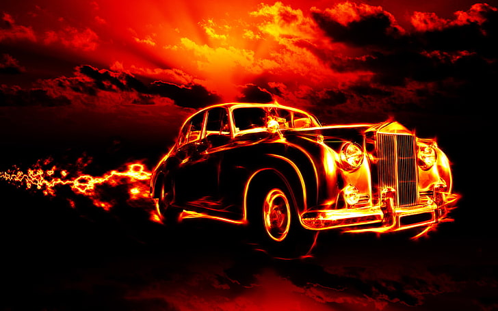 car, fire, digital art, Oldtimer, HD wallpaper