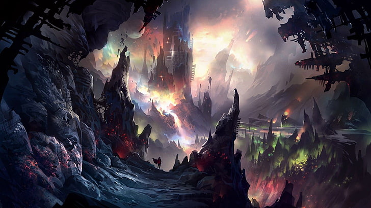 wallpaper dunia fantasi, karya seni, seni fantasi, pegunungan, gua, kastil, Wallpaper HD