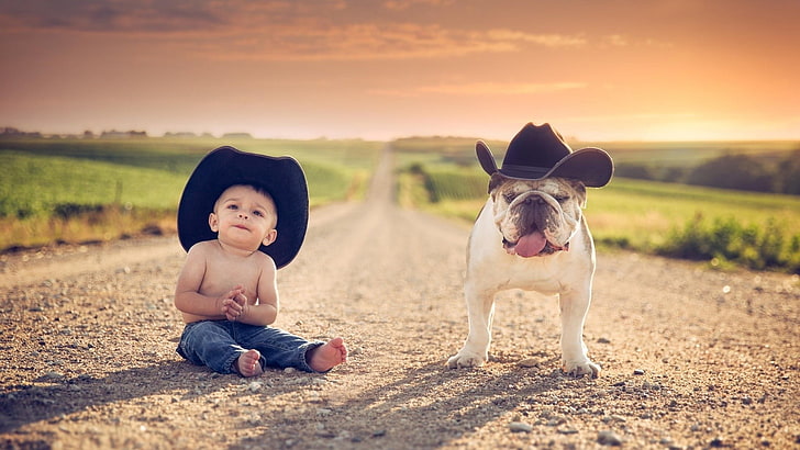 two black cowboy hats, children, dog, cowboy hats, animals, Jake Olson, road, Nebraska, HD wallpaper