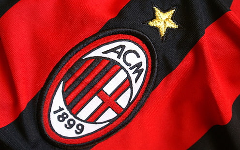 красный и черный трикотаж ACM с вышивкой, футбол, AC Milan, спортивные трикотажные изделия, логотип, футбольные клубы, HD обои HD wallpaper