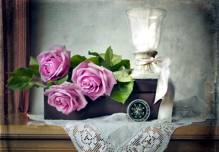 three pink roses, roses, flowers, three, glass, cloth, box, compass, HD wallpaper