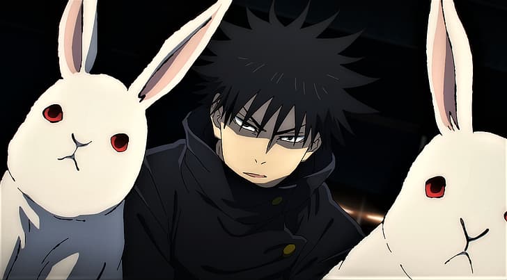 Jujutsu Kaisen, Megumi Fushiguro, bunny ears, rabbits, red eyes, angry, Spiky Hair, uniform, anime, Anime screenshot, anime boys, HD wallpaper