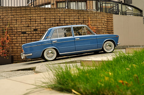 berline Lada bleue, fond, voiture, classique, vaz, LADA, bas classique, Resto, VAZ 2103, Fond d'écran HD HD wallpaper