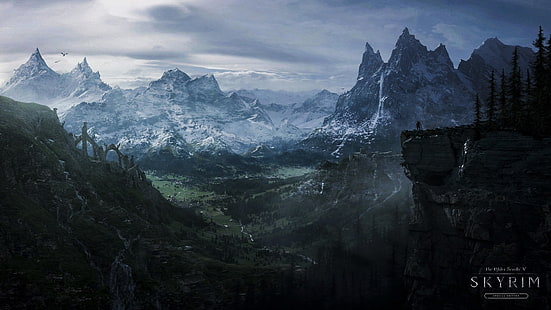 The Elder Scrolls, The Elder Scrolls V: Skyrim, Cliff, Dragon, Fantasy, Forest, Landscape, Mountain, River, Skyrim, Snow, HD tapet HD wallpaper