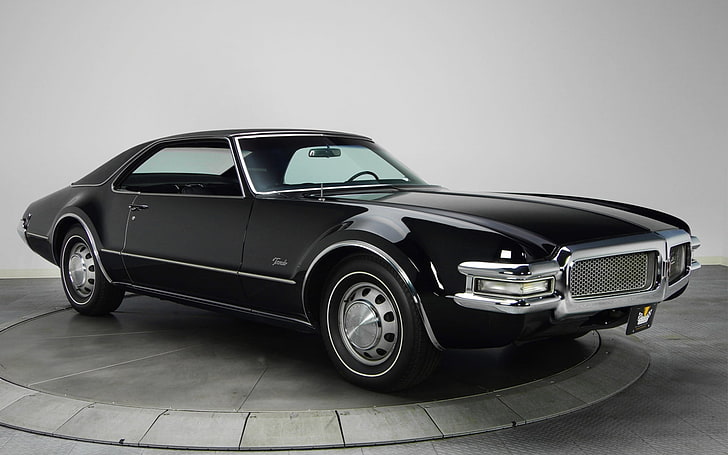 класическо черно купе, фон, черно, отпред, 1968, Мускулна кола, Oldsmobile, The Oldsmobile, Toronado, HD тапет