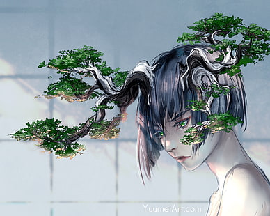 Yuumei, anime, boynuzları, bonsai, HD masaüstü duvar kağıdı HD wallpaper