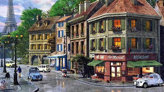 Artístico, Pintura, Edifício, Cores, Torre Eiffel, Paris, Rua, HD papel de parede HD wallpaper