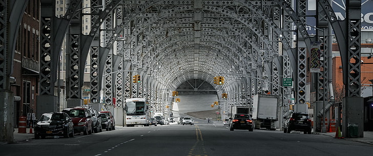 бело-красный цветочный коврик, мост, город, дорога, трафик, Нью-Йорк, HD обои