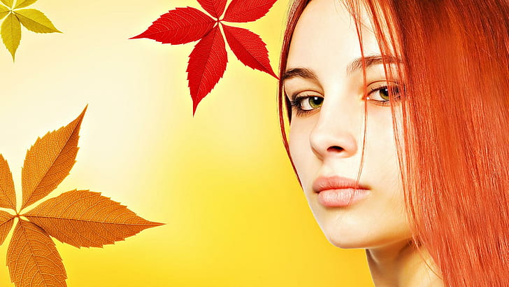 Leaves & Lady's Face, красивый, лицо, листья, леди, 3d и аннотация, HD обои