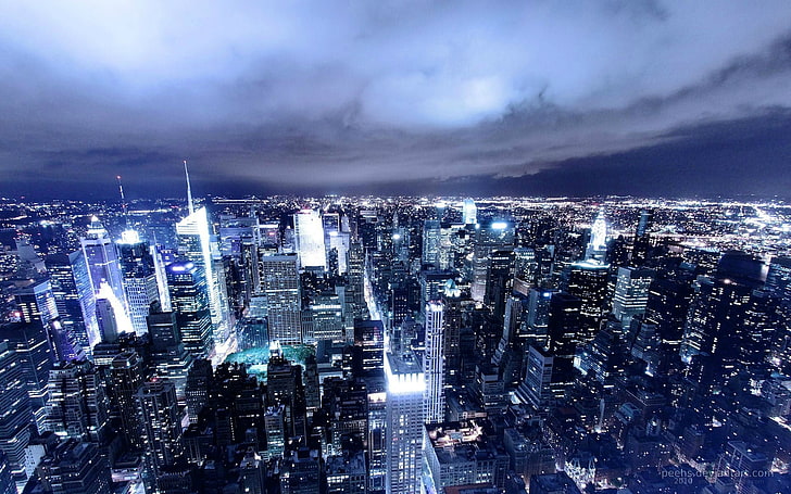 zdjęcia lotnicze miasta, świateł, pejzażu miejskiego, nocy, miasta, wieżowca, Nowego Jorku, chmur, USA, Tapety HD
