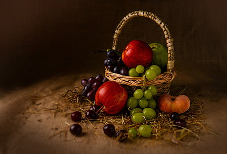 Еда, натюрморт, яблоко, корзина, фрукты, виноград, HD обои HD wallpaper