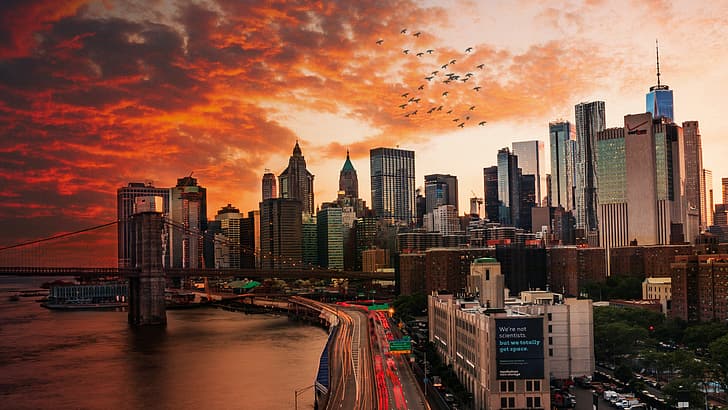 Manhattan, New York City, architecture, Brooklyn Bridge, sunset, HD wallpaper