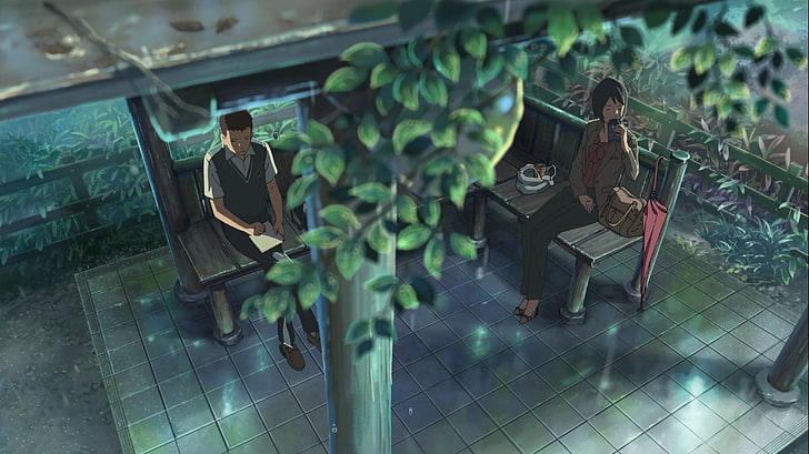 gröna bladväxt med svart kruka, The Garden of Words, anime, animation, Makoto Shinkai, HD tapet
