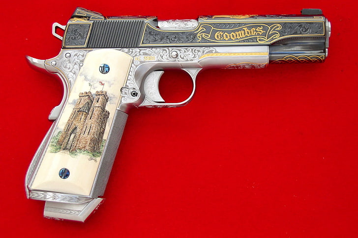 brown semi-automatic pistol, red, weapons, background, Gun, trunk, bone, pistol, golden, automatic, weapon, shop, the handle, 1911, Colt, m1911, hook, caliber, chic, option, self-loading, gilding, customization, release, custom weapons, trim, Colt-M1911, INLAID, 11.43, elite, arms ltd, gift, HD wallpaper