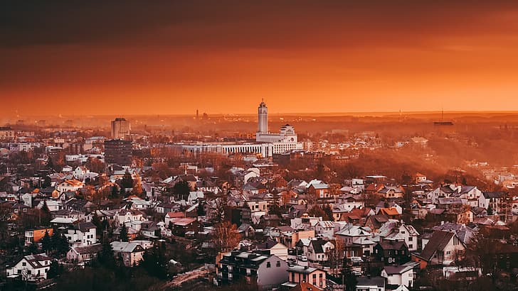 Stadtbild, Panorama, Kaunas, orangefarbener Himmel, Himmel, Dächer, HD-Hintergrundbild