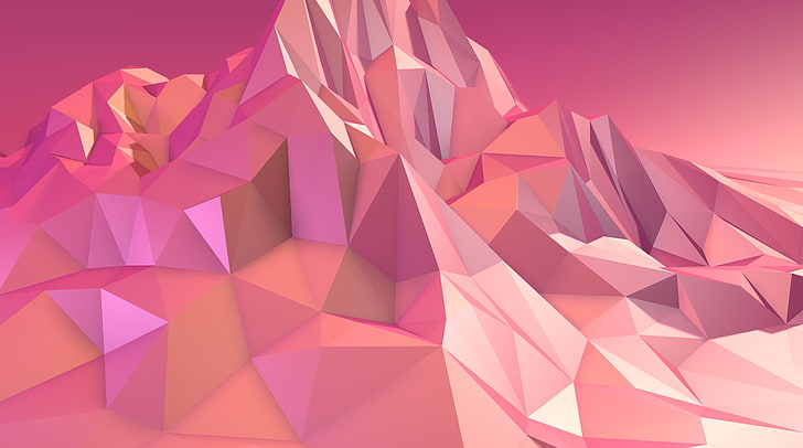 Tapeta HD Low Poly Pink Mountain, artystyczne, abstrakcyjne, nowoczesne, grafika, różowy, projekt, tło, geometryczne, digitalart, wielokąty, projektowanie graficzne, 3DComputerGraphics, LowPoly, Tapety HD