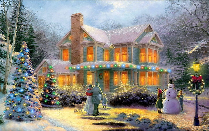 芸術、絵画、子供、クリスマス、家、光、雪だるま、冬、 HDデスクトップの壁紙
