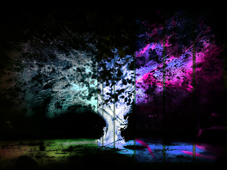 psychodeliczna, glitch art, negatyw, drzewa, pole, Tapety HD