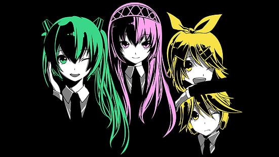cztery postacie z anime, Hatsune Miku, Vocaloid, Megurine Luka, Kagamine Rin, Kagamine Len, Tapety HD HD wallpaper