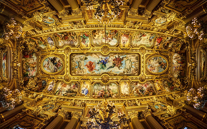 ceiling, chandeliers, columns, garnier, grand, opera, painting, paintings, paris, HD wallpaper