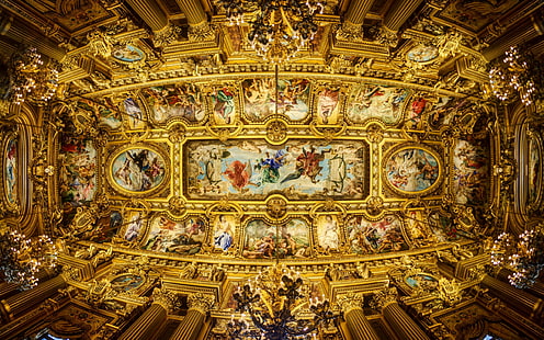 plafond, lustres, colonnes, garnier, grand, opéra, peinture, peintures, paris, Fond d'écran HD HD wallpaper