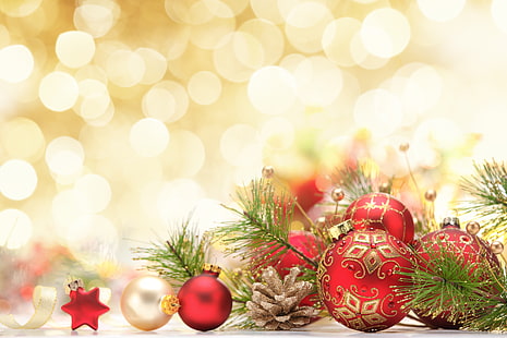 pernak-pernik berwarna merah dan emas, bola, dekorasi, liburan, Tahun Baru, Natal, Wallpaper HD HD wallpaper